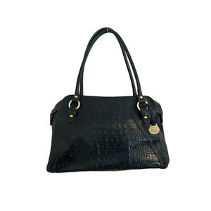 Brahmin Black Crocodile Embossed Leather Top Handle Bag Gold Hardware Logo Charm